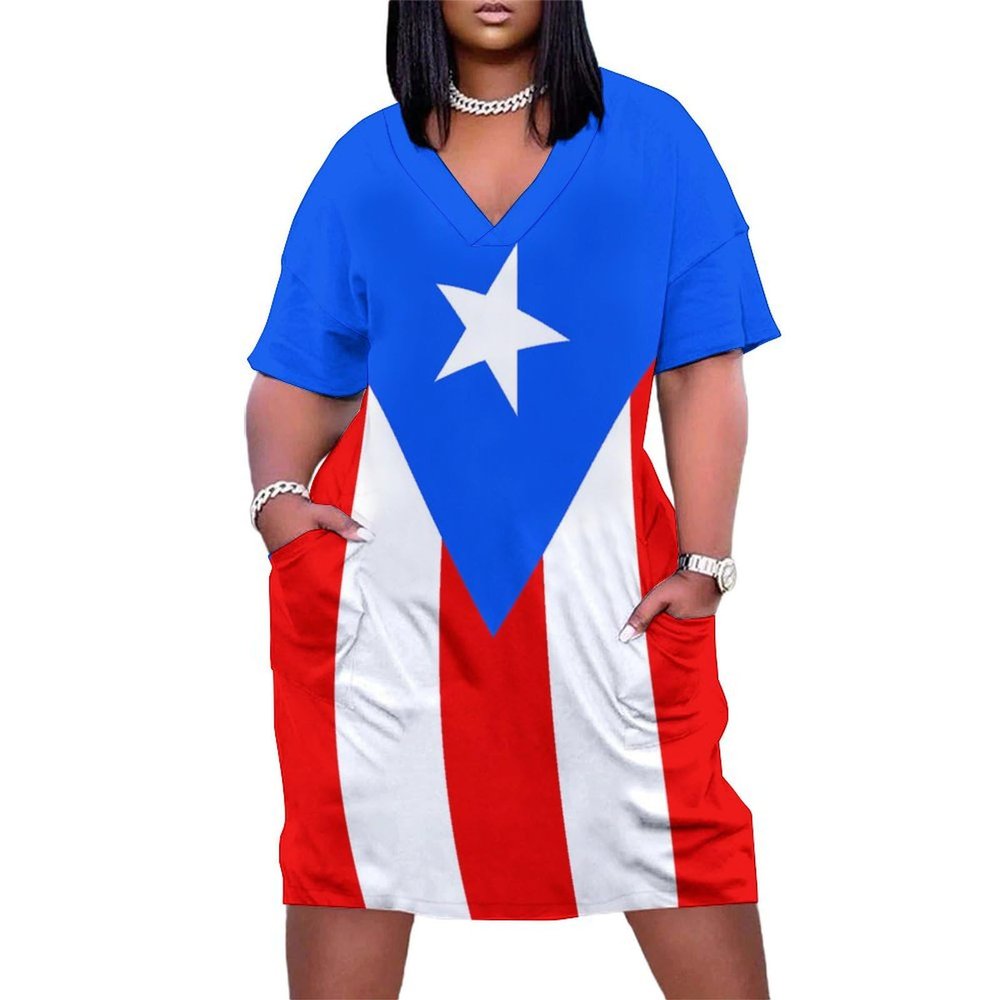 Womens Summer Loose Pocket Dress Puerto Rico Flag Dress for Girls Fashion Skirts 3XL