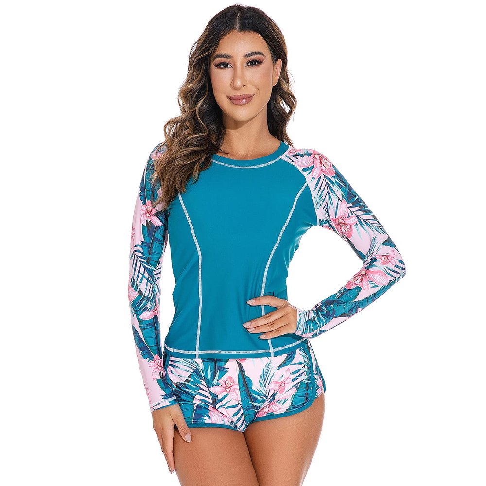 FYMNSI Women Two Piece Rash Guard Long Sleeve Swimsuits Printed Swim Shirt Boyshort Bottom Rashguard Athletic Surfing Bathing Suit Bathing Suit UV UPF 50+ Swimwear Sport Swimsuit Peacock Blue L