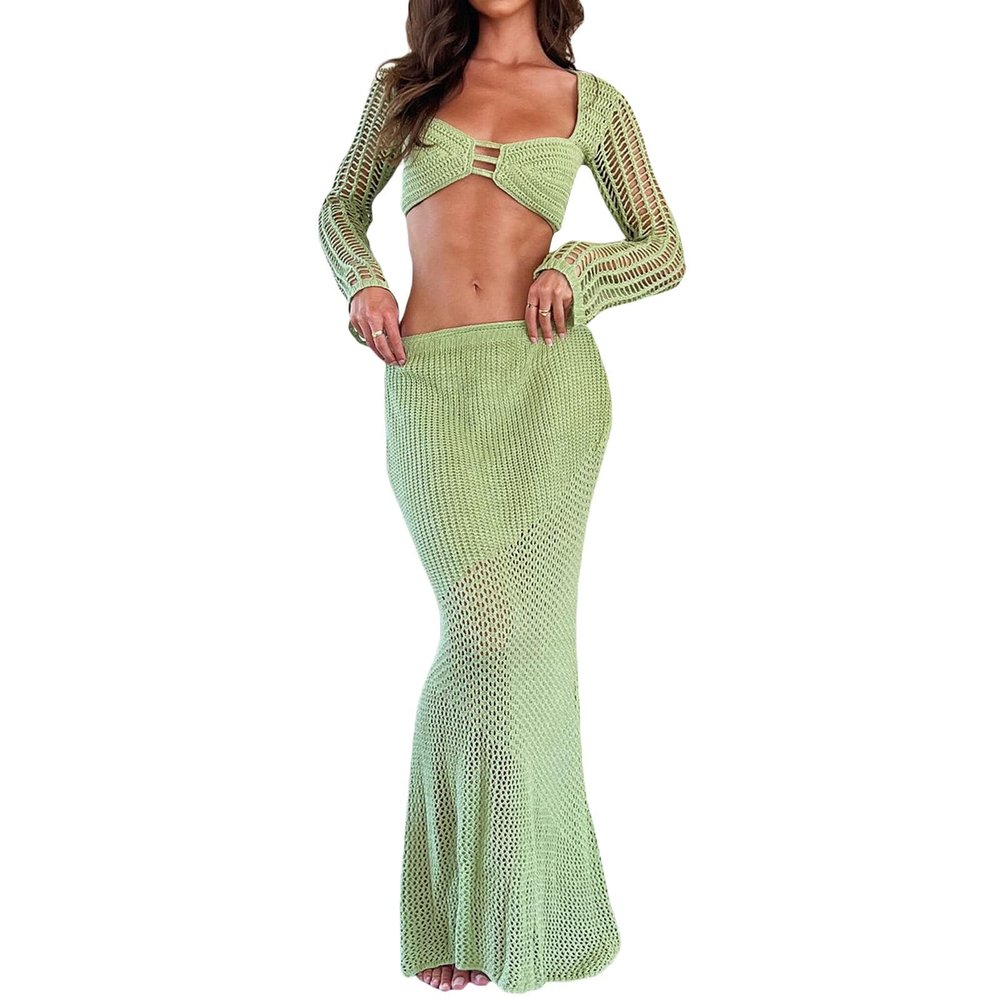 Crochet Knit 2 Piece Skirt Sets for Women Summer Hollow Out Crop Top Bodycon High Waist Maxi Skirt Sets Beach Dress