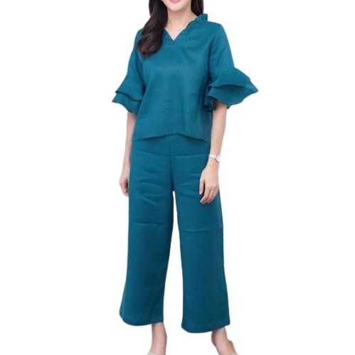 Womens 2 Piece Linen Outfits Half Sleeve Crop Top Wide Leg Pants Linen Sets Lounge Matching Sets with Pockets