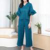 Womens 2 Piece Linen Outfits Half Sleeve Crop Top Wide Leg Pants Linen Sets Lounge Matching Sets with Pockets view 2