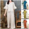 Womens 2 Piece Linen Outfits Half Sleeve Crop Top Wide Leg Pants Linen Sets Lounge Matching Sets with Pockets view 4