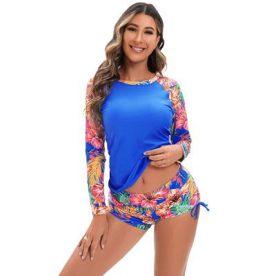 FYMNSI Women Two Piece Rash Guard Long Sleeve Swimsuits Printed Swim Shirt Boyshort Bottom Rashguard Athletic Surfing Bathing Suit Bathing Suit UV UPF 50+ Swimwear Sport Swimsuit Wetsuit Blue XXL