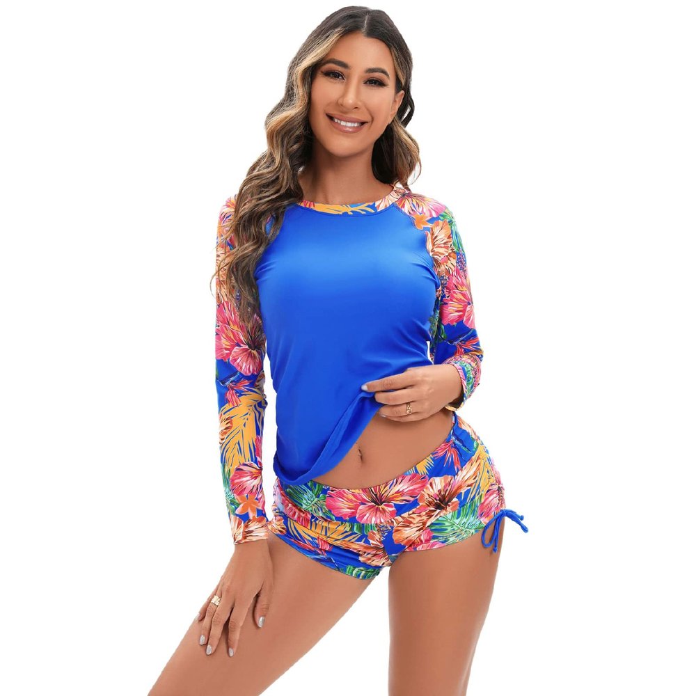 FYMNSI Women Two Piece Rash Guard Long Sleeve Swimsuits Printed Swim Shirt Boyshort Bottom Rashguard Athletic Surfing Bathing Suit Bathing Suit UV UPF 50+ Swimwear Sport Swimsuit Wetsuit Blue M