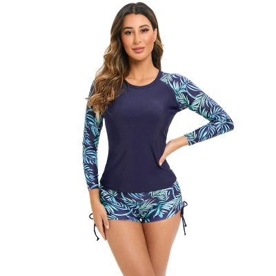 FYMNSI Women Two Piece Rash Guard Long Sleeve Swimsuits Printed Swim Shirt Boyshort Bottom Rashguard Athletic Surfing Bathing Suit Bathing Suit UV UPF 50+ Swimwear Sport Swimsuit Wetsuit Navy Blue XXL