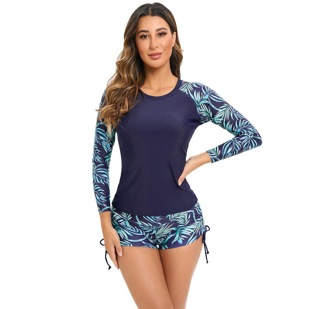 FYMNSI Women Two Piece Rash Guard Long Sleeve Swimsuits Printed Swim Shirt Boyshort Bottom Rashguard Athletic Surfing Bathing Suit Bathing Suit UV UPF 50+ Swimwear Sport Swimsuit Wetsuit Navy Blue XXL