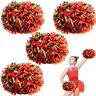 4Pcs Cheerleading Pom Poms for Kids, HOLENGS 2 Pair Cheerleader Pom Poms with Baton Handle, Squad Pompoms for Boy Girl Adults School Team Spirit Sports Cheering Game (Black Red Gold)