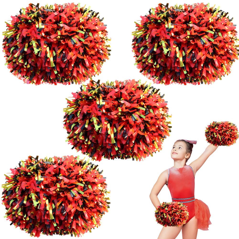 4Pcs Cheerleading Pom Poms for Kids, HOLENGS 2 Pair Cheerleader Pom Poms with Baton Handle, Squad Pompoms for Boy Girl Adults School Team Spirit Sports Cheering Game (Black Red Gold)