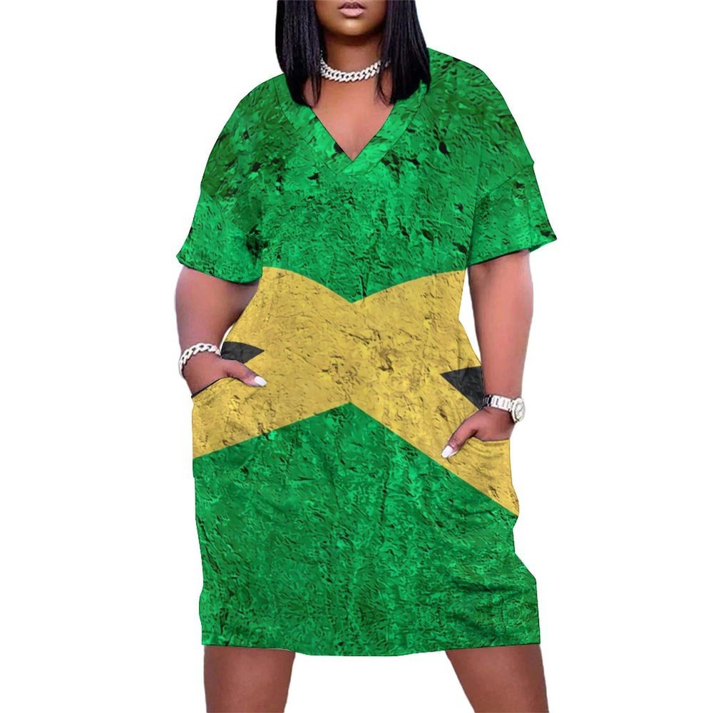 Zakqeik Womens Summer Loose Pocket Dress Jamaican Flag Dress for Girls Fashion Skirts 5XL