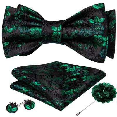 YOHOWA Green Black Bow Ties for Men Self-tied Floral Bowtie with Lapel Pin Brooch and Handkerchief Cufflinks for Wedding Party Prom