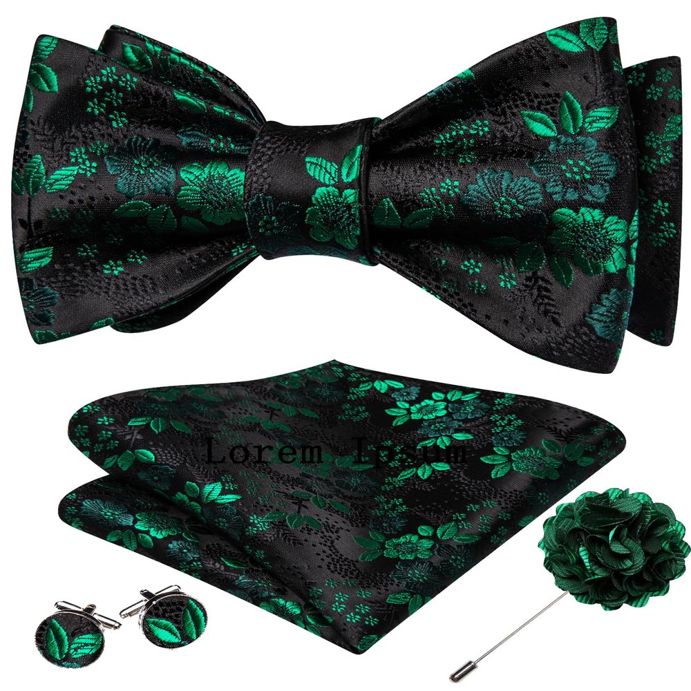 YOHOWA Green Black Bow Ties for Men Self-tied Floral Bowtie with Lapel Pin Brooch and Handkerchief Cufflinks for Wedding Party Prom