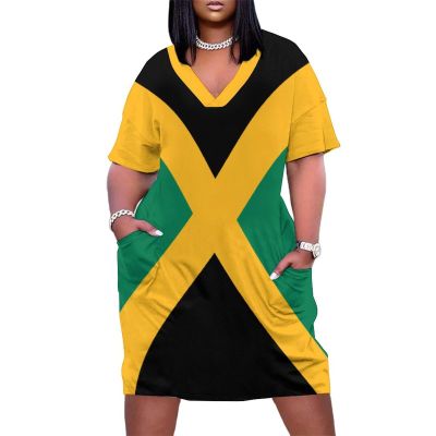 Zakqeik Womens Summer Loose Pocket Dress Jamaican Flag Dress for Girls Fashion Skirts 2XL