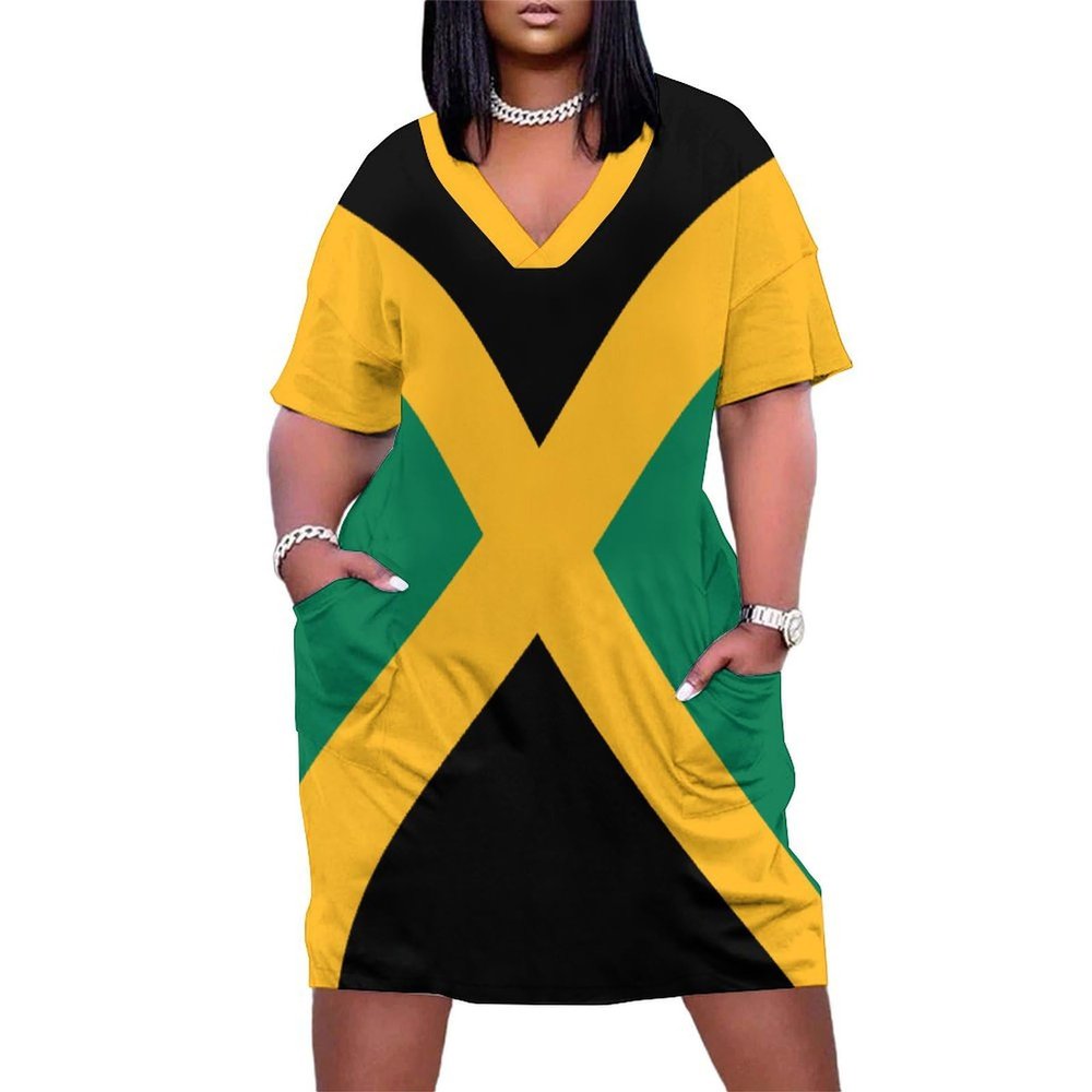 Zakqeik Womens Summer Loose Pocket Dress Jamaican Flag Dress for Girls Fashion Skirts 2XL