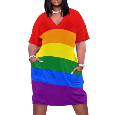 Womens Summer Loose Pocket Dress Gay Pride-LGBT-Rainbow-Flag Dress for Girls Fashion Skirts 4XL