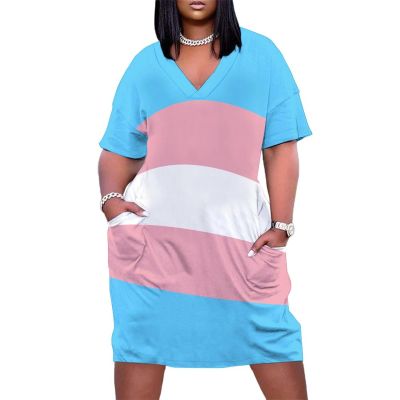 Zakqeik Womens Summer Loose Pocket Dress Transgender Pride Flag Dress for Girls Fashion Skirts 2XL
