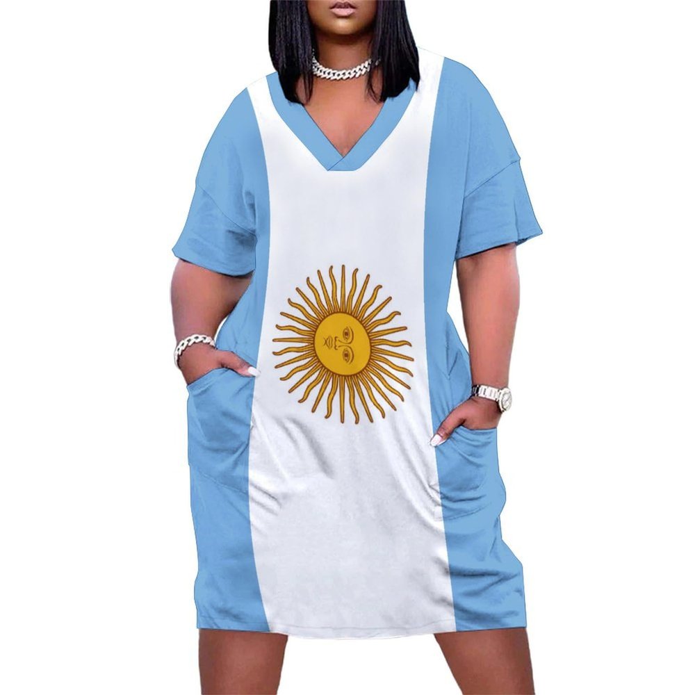 Zakqeik Womens Summer Loose Pocket Dress Argentina Flag Dress for Girls Fashion Skirts 5XL