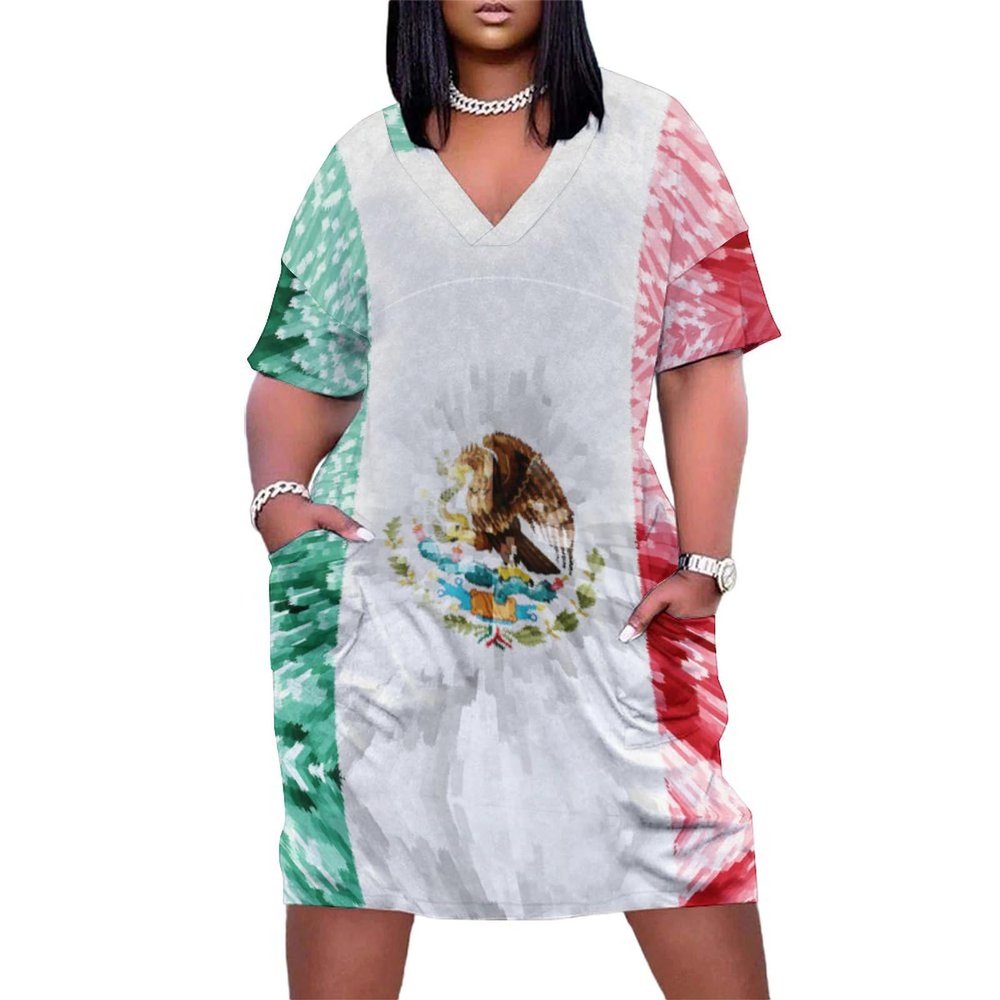 Zakqeik Womens Summer Loose Pocket Dress Mexican Flag Dress for Girls Fashion Skirts XL