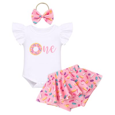 IDOPIP Baby Girls Doughnut 1st Birthday Outfit Doughnut Romper Tutu Skirt Headband 3PCS Boho Rainbow First Birthday Cake Smash Outfit for Photo Prop Pink Doughnut 12-18 Months
