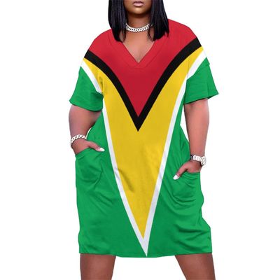 Zakqeik Womens Summer Loose Pocket Dress Guyana Flag Dress for Girls Fashion Skirts 4XL