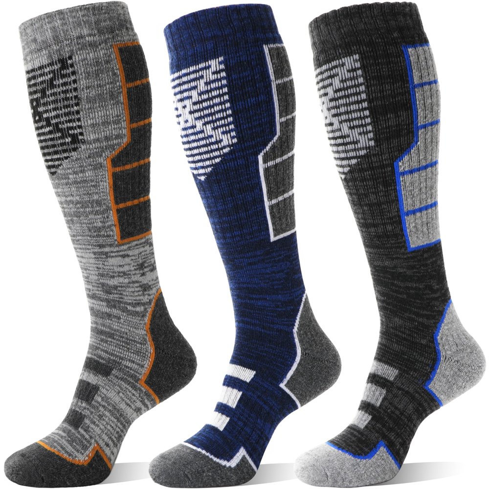 Anlisim Merino Wool Ski Thermal Unisex Socks for Men Women Winter Warm Thick Knee High Long Skiing Snowboarding Socks 3 Pairs Gift Stocking Stuffers (Blue Gray,L)
