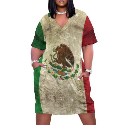 Zakqeik Womens Summer Loose Pocket Long Dress Mexican Flag Dress for Girls Fashion Skirts 5XL