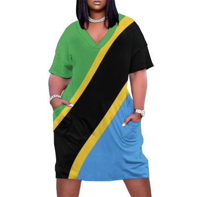 Zakqeik Womens Summer V-Neck Short Sleeves Tanzania Flag Dress for Girls Fashion Skirts XL