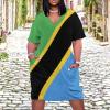 Zakqeik Womens Summer V-Neck Short Sleeves Tanzania Flag Dress for Girls Fashion Skirts XL view 2