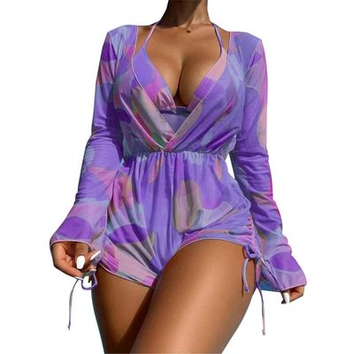 ABAFIP Women's 3 Piece Bikini set with Cover up Drawstring Romper Long Sleeve Beach Coverups Swimsuits Floral Bathing suit Swimwear Dark Purple X-Large