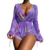 ABAFIP Women's 3 Piece Bikini set with Cover up Drawstring Romper Long Sleeve Beach Coverups Swimsuits Floral Bathing suit Swimwear Dark Purple X-Large view 1