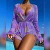 ABAFIP Women's 3 Piece Bikini set with Cover up Drawstring Romper Long Sleeve Beach Coverups Swimsuits Floral Bathing suit Swimwear Dark Purple X-Large view 2