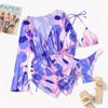 ABAFIP Women's 3 Piece Bikini set with Cover up Drawstring Romper Long Sleeve Beach Coverups Swimsuits Floral Bathing suit Swimwear Dark Purple X-Large view 4