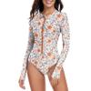 Century Star Long Sleeve Swimsuits for Women Bathing Suit Rash Guard Swimsuit 2025 Surfing Modest Swimsuit One Piece Full Coverage High Neck Athletic Zip Swimwear Orange Flower 6-8 view 2