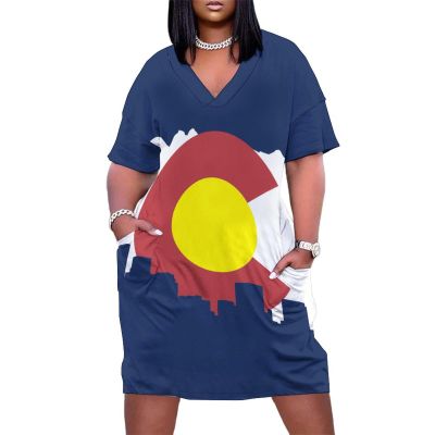Zakqeik Womens Summer V-Neck Short Sleeves Dress Colorado Flag Dress for Girls Fashion Skirts XL