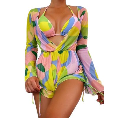 ABAFIP Women's 3 Piece Bikini Set with Cover up Drawstring Romper Long Sleeve Beach Coverups Swimsuits Floral Bathing Suit Swimwear Yellow X-Large