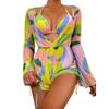 ABAFIP Women's 3 Piece Bikini Set with Cover up Drawstring Romper Long Sleeve Beach Coverups Swimsuits Floral Bathing Suit Swimwear Yellow X-Large view 1