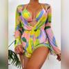 ABAFIP Women's 3 Piece Bikini Set with Cover up Drawstring Romper Long Sleeve Beach Coverups Swimsuits Floral Bathing Suit Swimwear Yellow X-Large view 3