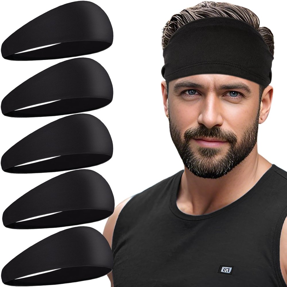 5 Packs Mens Sports Headbands Sweatband Sports Headbands for Running, Cycling, Basketball, Yoga, Fitness Workout Stretchy Unisex Headbands (Black)