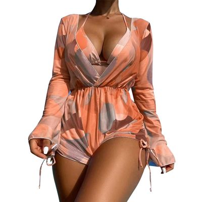 ABAFIP Women's 3 Piece Bikini Set with Cover up Drawstring Romper Long Sleeve Beach Coverups Swimsuits Floral Bathing Suit Swimwear Brown Large