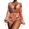 ABAFIP Women's 3 Piece Bikini Set with Cover up Drawstring Romper Long Sleeve Beach Coverups Swimsuits Floral Bathing Suit Swimwear Brown Large view 1