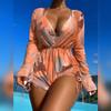 ABAFIP Women's 3 Piece Bikini Set with Cover up Drawstring Romper Long Sleeve Beach Coverups Swimsuits Floral Bathing Suit Swimwear Brown Large view 2