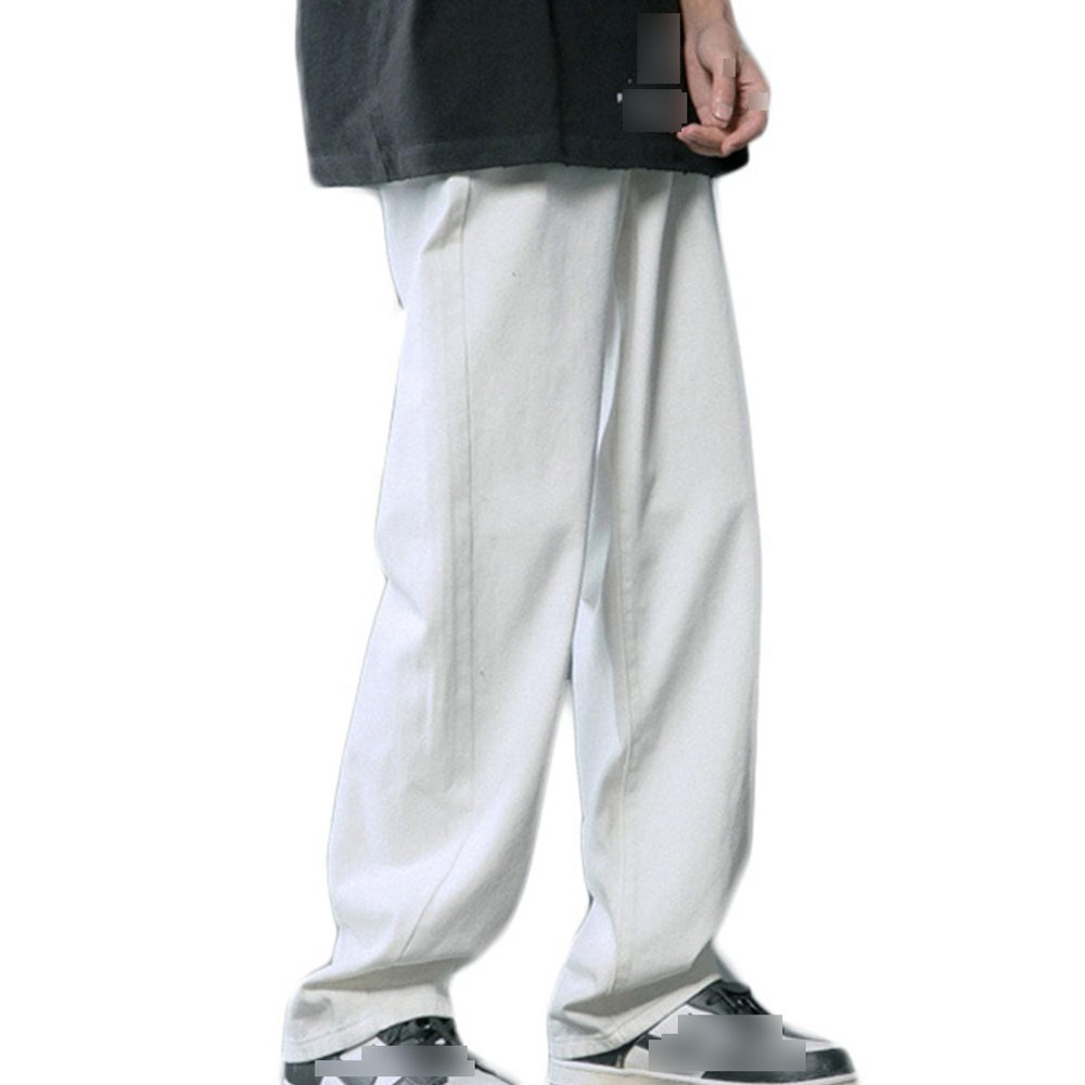 Men's Summer Baggy Straight Leg Jeans Relaxed Fit Casual Cotton Denim Pants Vintage Distressed Jean Trousers (White,Large)