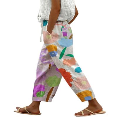 chouyatou Women's Vintage Floral Print High Elastic Waist Wide Leg Capri Beach Palazzo Pants with Pockets (Medium, Flower)