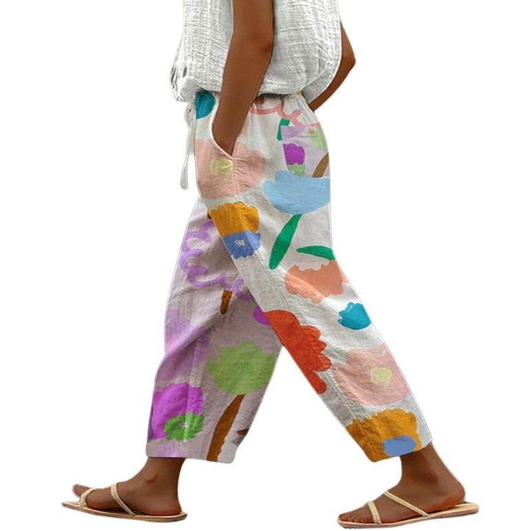 chouyatou Women's Vintage Floral Print High Elastic Waist Wide Leg Capri Beach Palazzo Pants with Pockets (Medium, Flower)