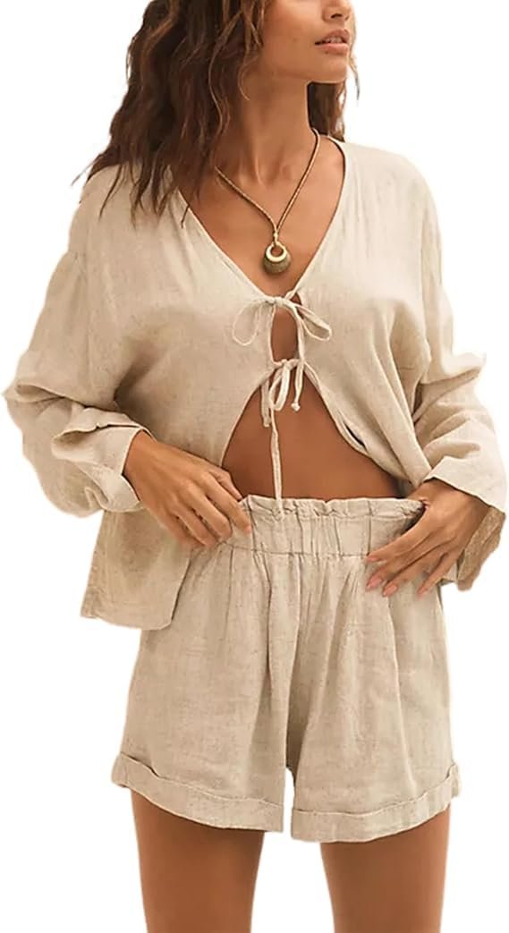 2 Piece Outfits for Women Long Sleeve Lace up Shirts Short Sets Summer Lounge Matching Sets with Pockets(Beige-M)