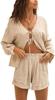 2 Piece Outfits for Women Long Sleeve Lace up Shirts Short Sets Summer Lounge Matching Sets with Pockets(Beige-M)