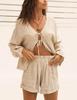 2 Piece Outfits for Women Long Sleeve Lace up Shirts Short Sets Summer Lounge Matching Sets with Pockets(Beige-M) view 3