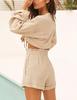 2 Piece Outfits for Women Long Sleeve Lace up Shirts Short Sets Summer Lounge Matching Sets with Pockets(Beige-M) view 4
