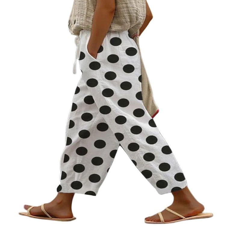 chouyatou Women's Vintage Floral Print High Elastic Waist Wide Leg Capri Beach Palazzo Pants with Pockets (Small, Polka Dot)