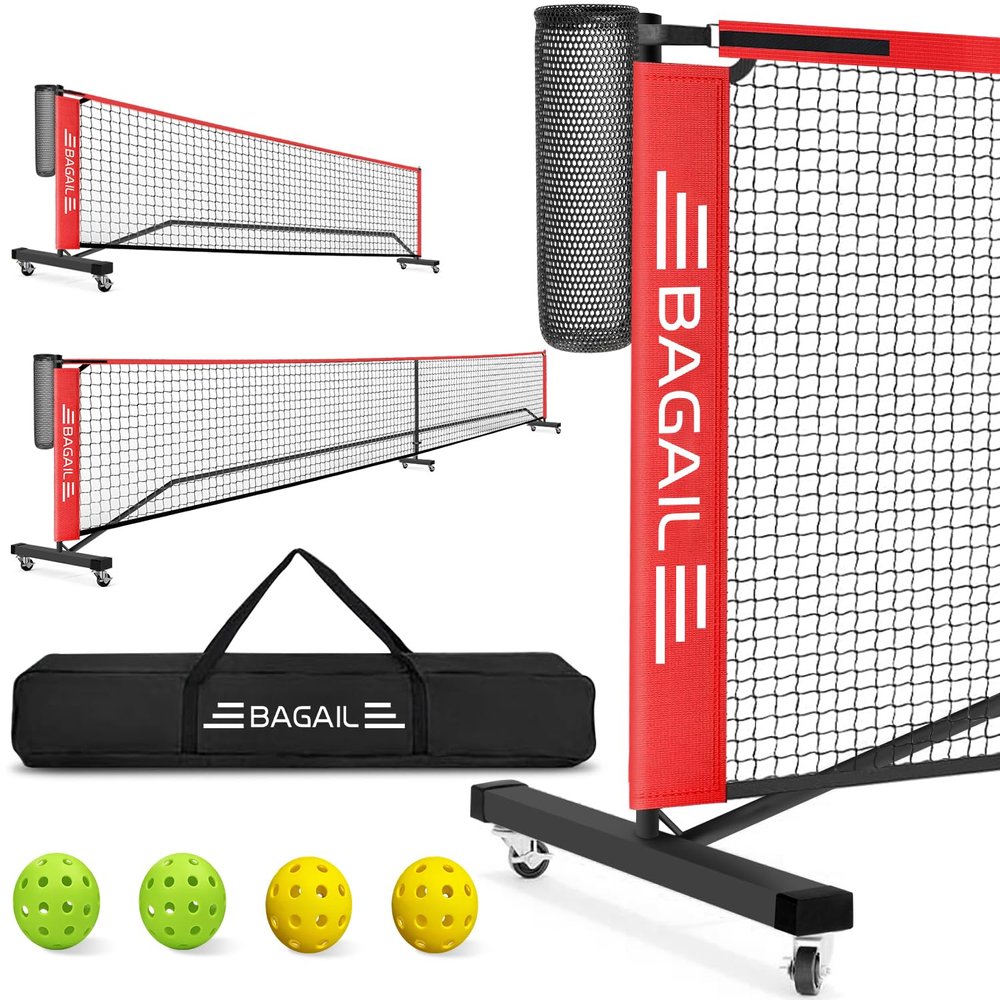 BAGAIL Portable Pickleball Net Set with Wheels, 22 FT Regulation Size & 11 FT Half Court Size 2-in-1 Pickle Ball Net with Ball Collector, Carry Bag, Easy Setup for Outdoor Indoor Driveway - Red
