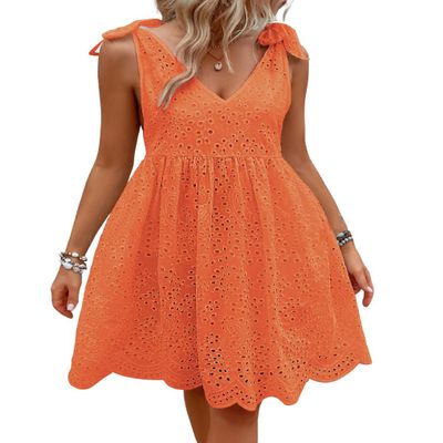 chouyatou Women's Sexy Spaghetti Strap Eyelet Lace Babydoll Dress A Line Beach Party Short Sun Dress (Small, Orange)
